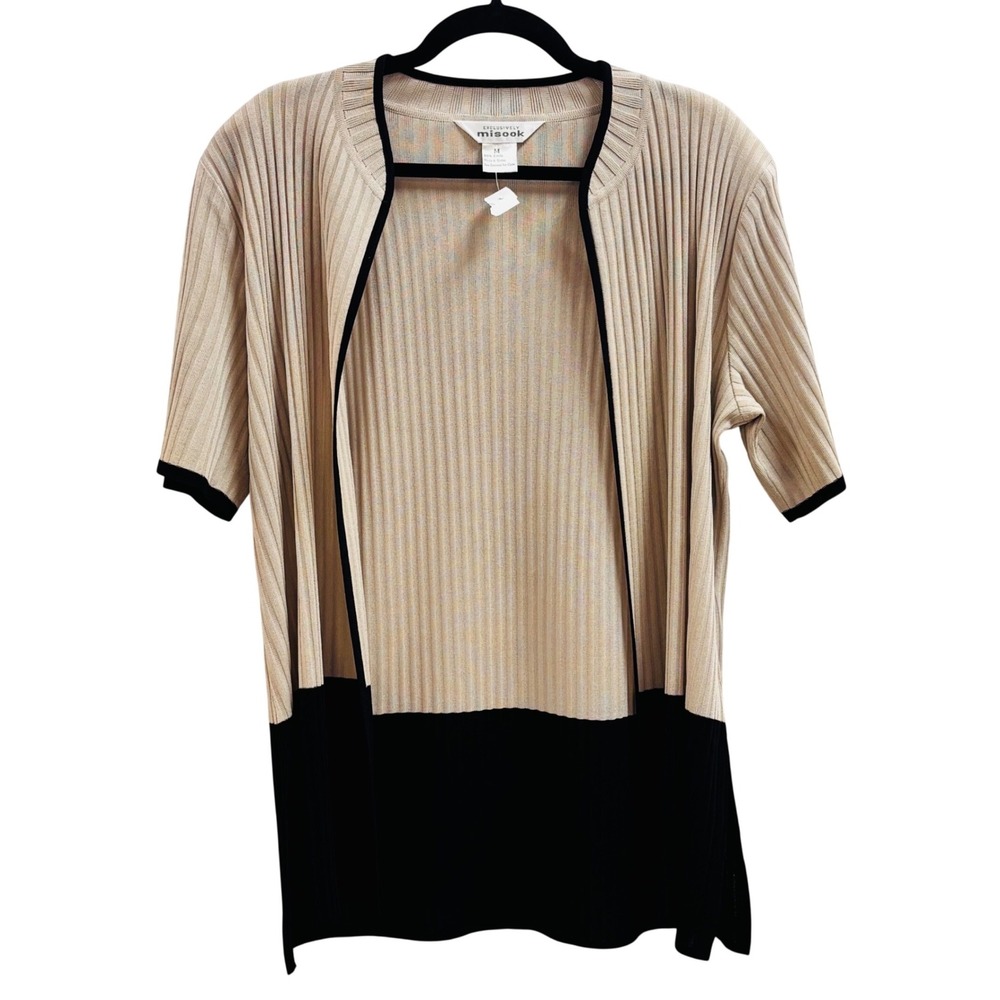 Misook Women Medium Tan Black Colorblock Ribbed Open Front Cardigan Sweater
